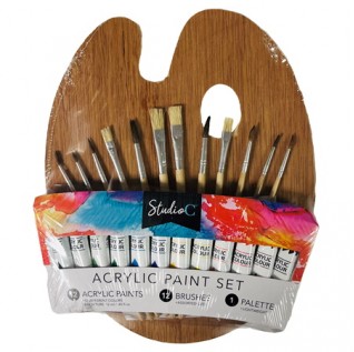 BULK Carton 25 Piece Acrylic Paint Set Contains- 12 Acrylic Paints (12ml each) , 12 Assorted Brushes & 1 Palette Board