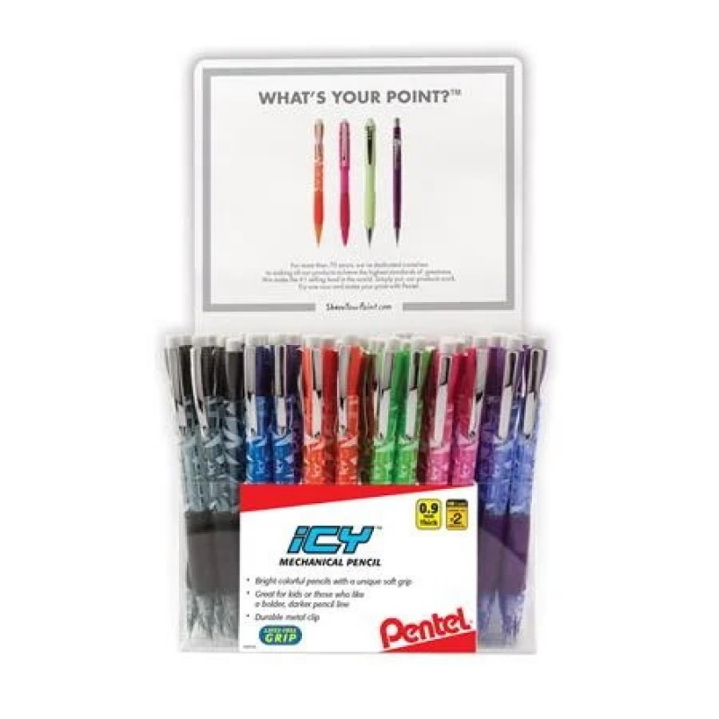 ICY Mechanical Pencil, (0.9mm) Assorted Barrel Colors (A/C/F/K/P/V), Open Stock Display - 72 Pieces