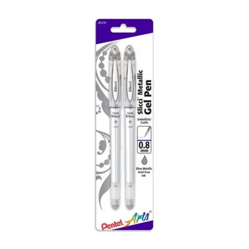 Pentel Arts Slicci METALLIC (0.8mm) Needle Tip Med Gel Pen, Silver Ink, 2-Pk