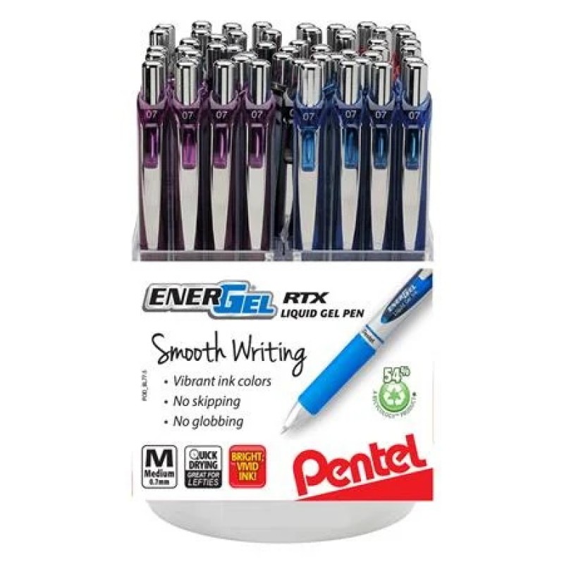 EnerGel RTX Retractable Liquid Gel Pen, (0.7mm) Metal Tip, Medium Line, Assorted Ink Colors, Open Stock Display - 72 Pieces