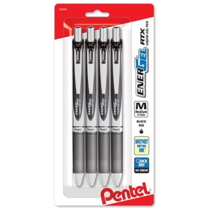 EnerGel RTX Retractable Liquid Gel Pen, (0.7mm) Metal Tip, Medium Line, Assorted Ink (A/B/C/V) 4-Pk
