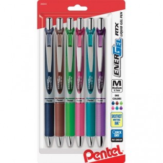 EnerGel RTX Retractable Liquid Gel Pen, (0.7mm) Metal Tip, Medium Line, Assorted Ink (2A/B/C/D/V) 6-Pk