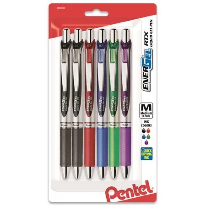 EnerGel RTX Retractable Liquid Gel Pen, (0.7mm) Medium Line, Metal Tip, Assorted Ink, 8-Pk (BG,D3,G,N,P3,SP,V3,V4)