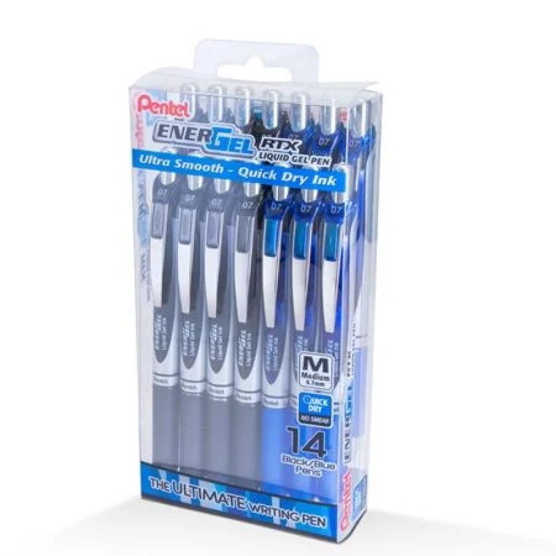 EnerGel RTX Liquid Gel Pen, (0.7mm) Medium Line, Assorted Ink- 14-pk Plastic Box