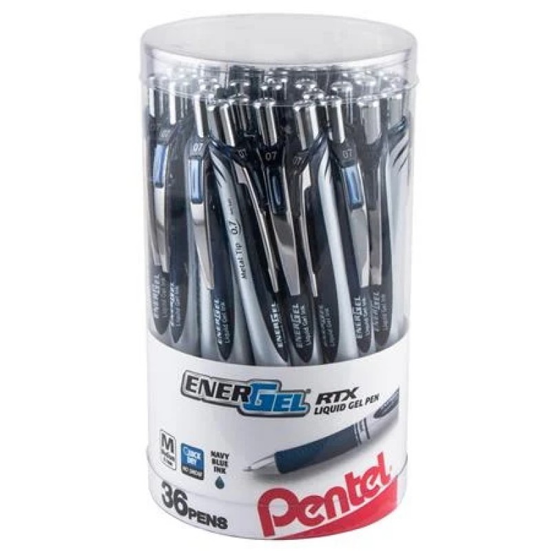 EnerGel RTX Retractable Liquid Gel Pen, (0.7mm) Metal Tip, Medium Line, Canister Blue Ink 36pk