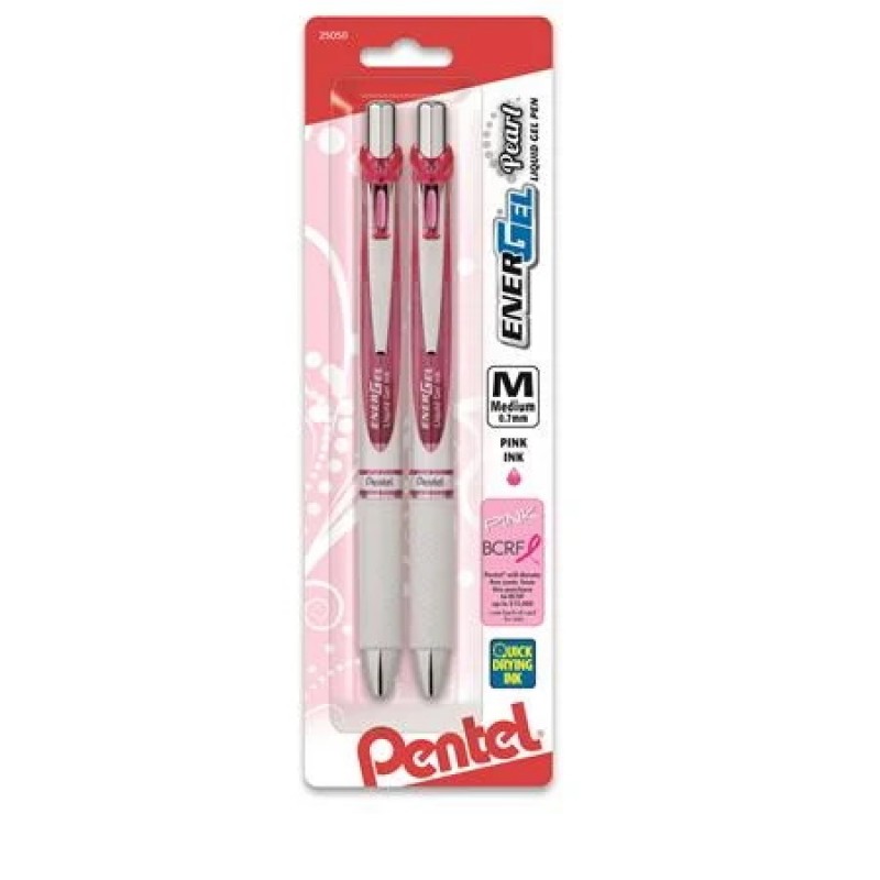EnerGel Pearl Retractable Liquid Gel Pen, (0.7mm) Metal Tip, Medium Line, Pink Ink/Violet Ink 2-Pk