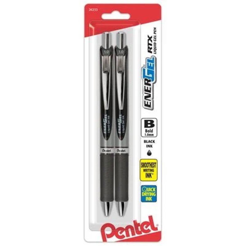 EnerGel RTX Retractable Liquid Gel Pen, (1.0mm) Metal Tip, Bold Line, Red Ink 2-Pk