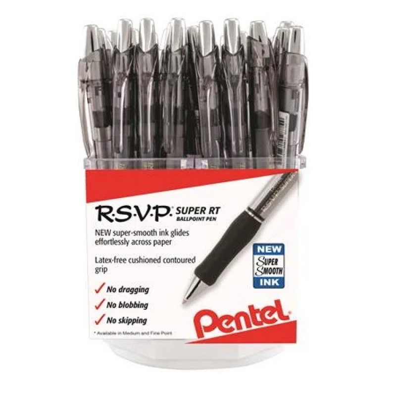 RSVP Super RT Ballpoint Pen, (0.7mm) Fine and (1.0mm) Medium Line, Black, Open Stock Square Spinner Display - 42 Pieces
