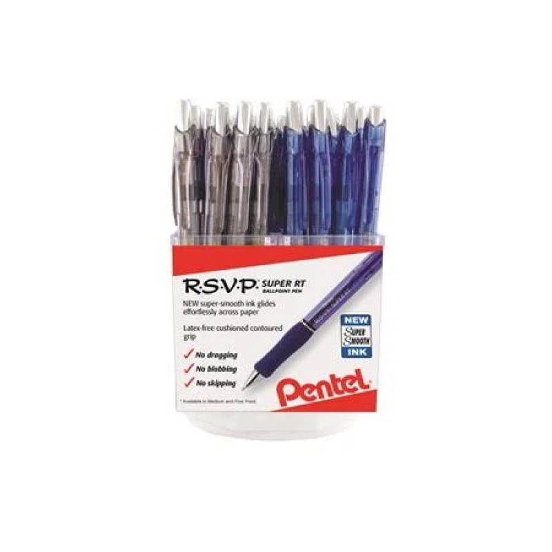 RSVP Super RT Ballpoint Pen, (1.0mm) Medium Line, Black/Blue, Open Stock Square Spinner Display - 42 Pieces