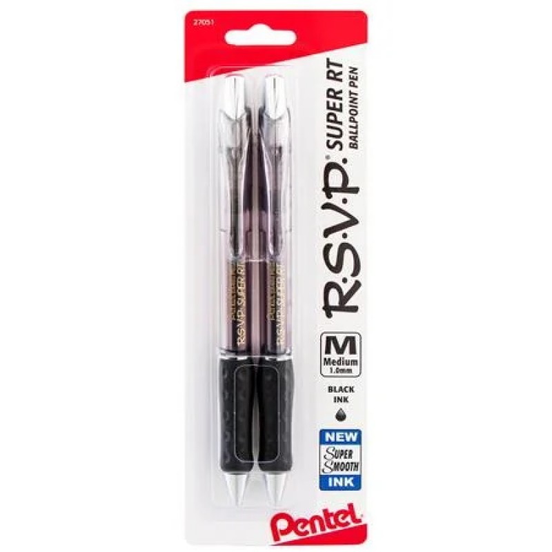 RSVP Super RT Ballpoint Pen, (1.0mm) Medium Line, Black Ink, 2-Pk