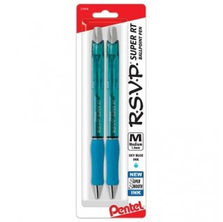 RSVP Super RT Ballpoint Pen, (1.0mm) Medium Line, Sky Blue Ink, 2-Pk