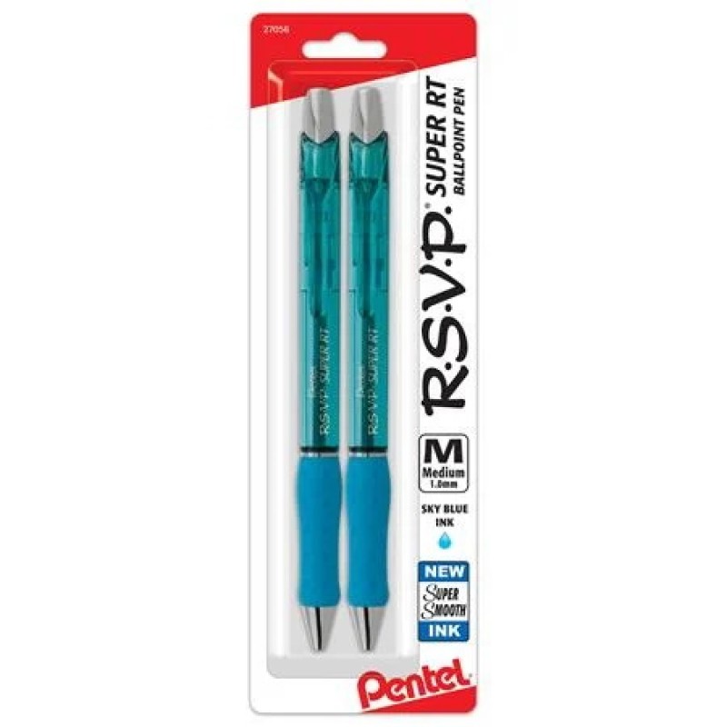 RSVP Super RT Ballpoint Pen, (1.0mm) Medium Line, Sky Blue Ink, 2-Pk