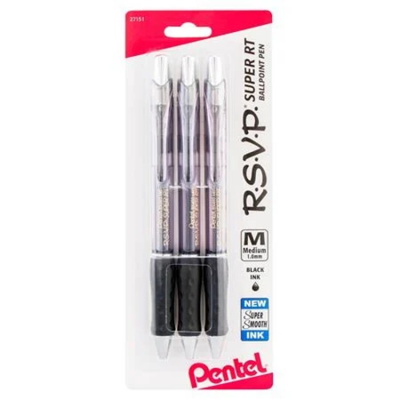 RSVP Super RT Ballpoint Pen, (1.0mm) Medium Line, Black Ink, 3-Pk