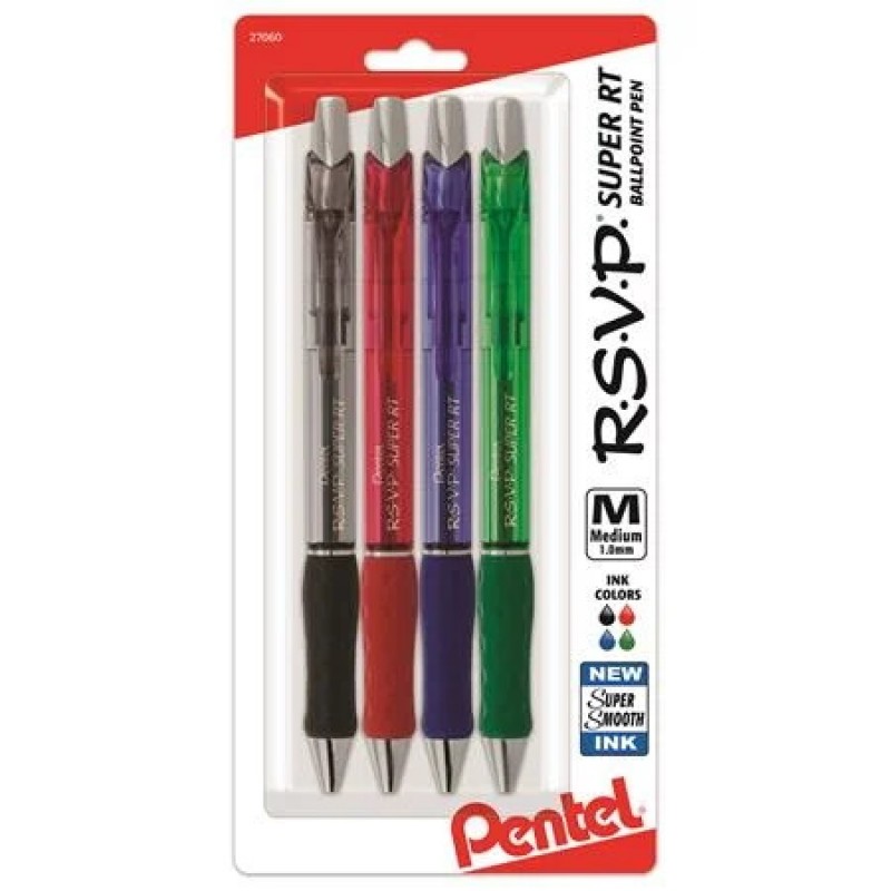 RSVP Super RT Ballpoint Pen, (1.0mm) Medium Line, Assorted Ink (ABCD), 4-Pk