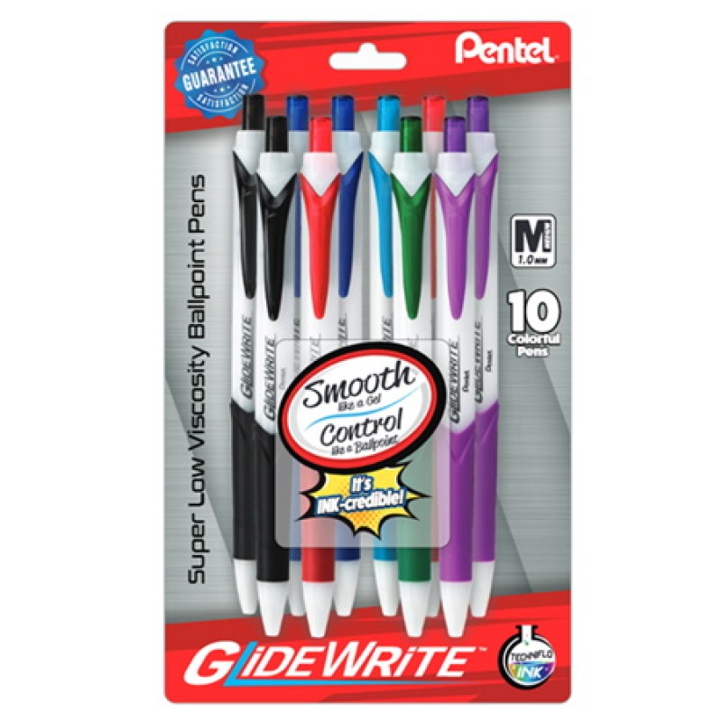GlideWrite Ballpoint Pen with TechniFlo Ink, (1.0mm) Medium Line, Assorted Ink (2A/2C/2V/B/D/P/S), 10-Pk