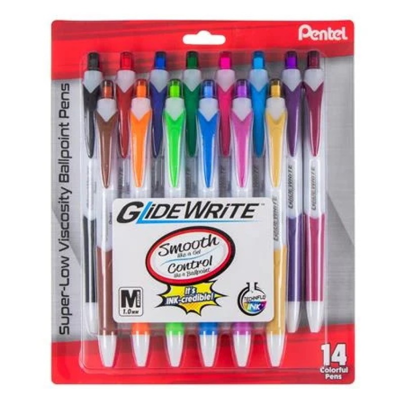 GlideWrite Ballpoint Pen, (1.0mm) medium, Assorted Ink (A,B,BG,C,D,E,F,K,P,S,S1,V,V4,X), 14-pk