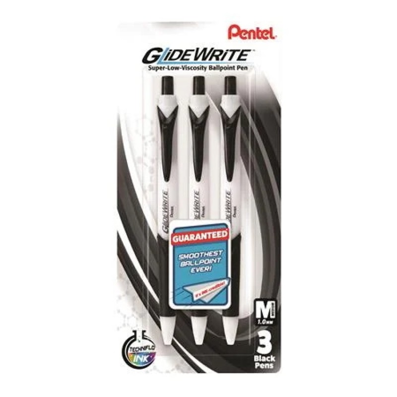 GlideWrite Ballpoint Pen with TechniFlo Ink, (1.0mm) Medium Line, Black Ink, 3-Pk