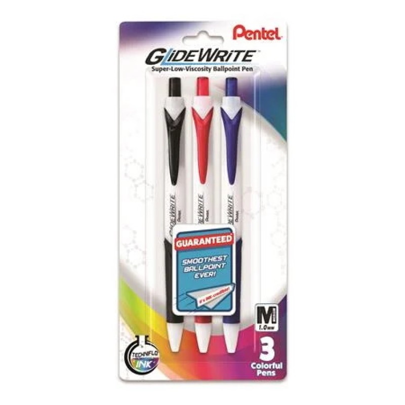 GlideWrite Ballpoint Pen with TechniFlo Ink, (1.0mm) Medium Line, Asst Ink (A/B/C), 3-Pk