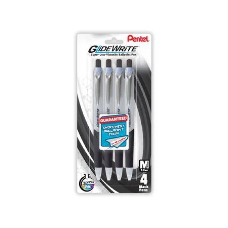 GlideWrite Ballpoint Pen with TechniFlo Ink, (1.0mm) Medium Line, Black Ink, 4-Pk