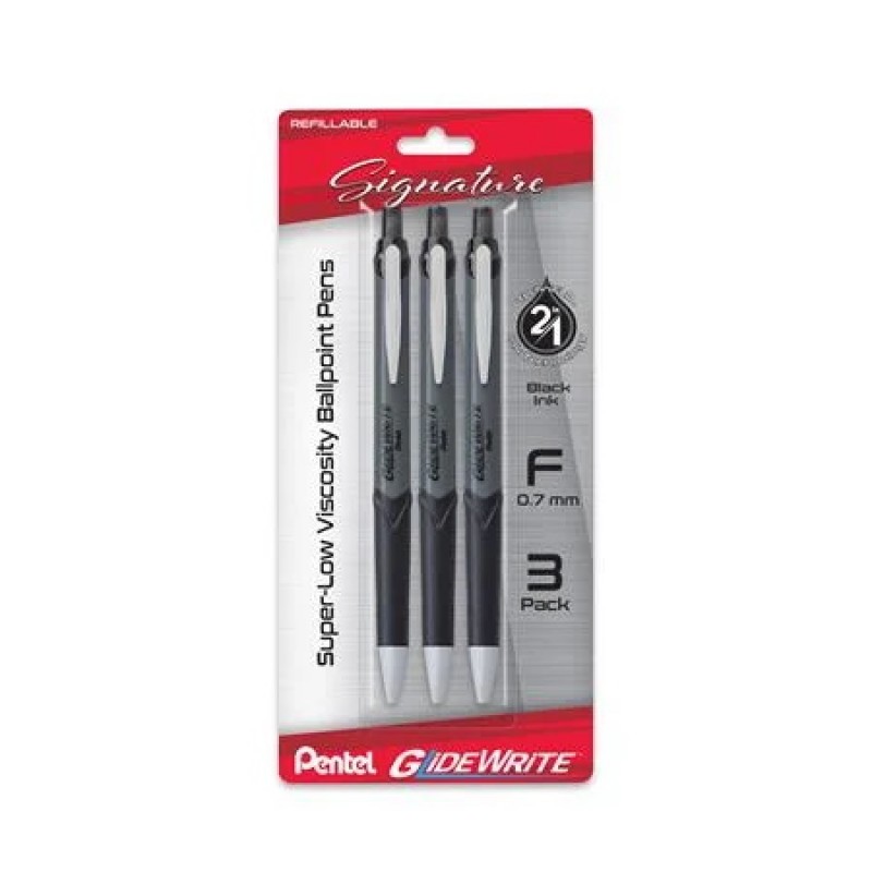GlideWrite Signature Gun Metal, (0.7mm) Needle Tip, Black Ink, 3-pk
