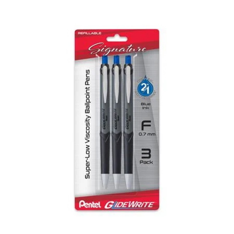 GlideWrite Signature Gun Metal, (0.7mm) Needle Tip, Blue Ink, 3-pk