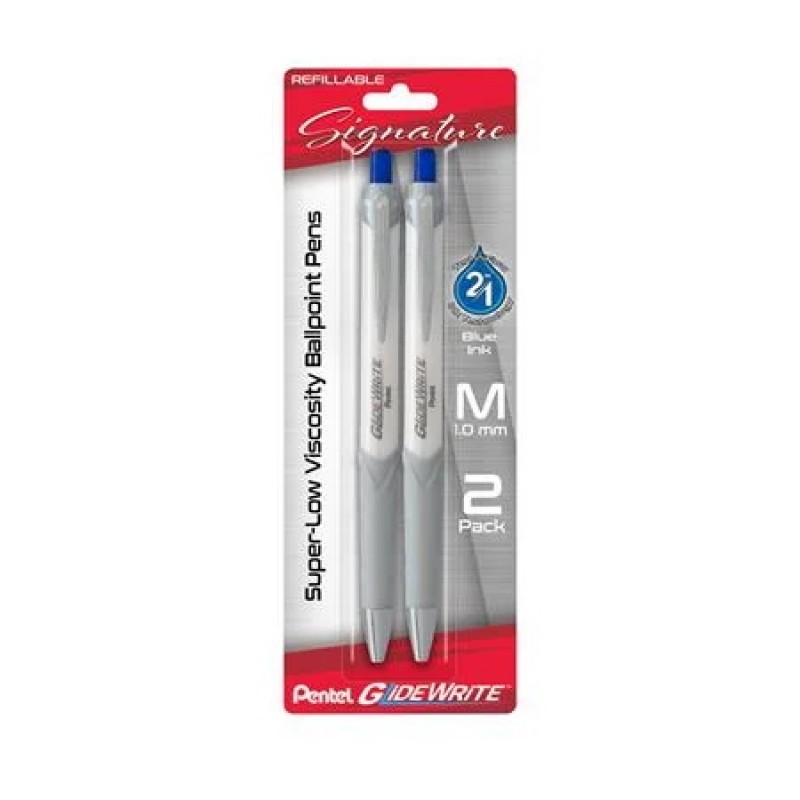 GlideWrite Signature Ballpoint Pen, (1.0mm) medium, white barrel, Blue Ink, 2-pk