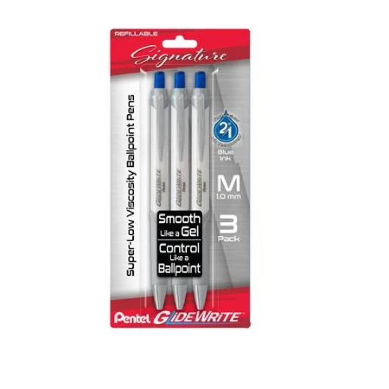 GlideWrite Signature Ballpoint Pen, (1.0mm) medium, white barrel, Blue Ink, 3-pk