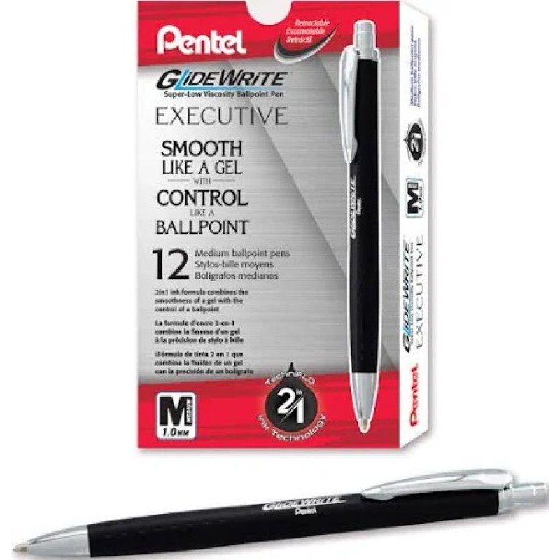GlideWrite Executive Ballpoint Pen, (1.0mm) Medium line, Black Metal Barrel, Black Ink