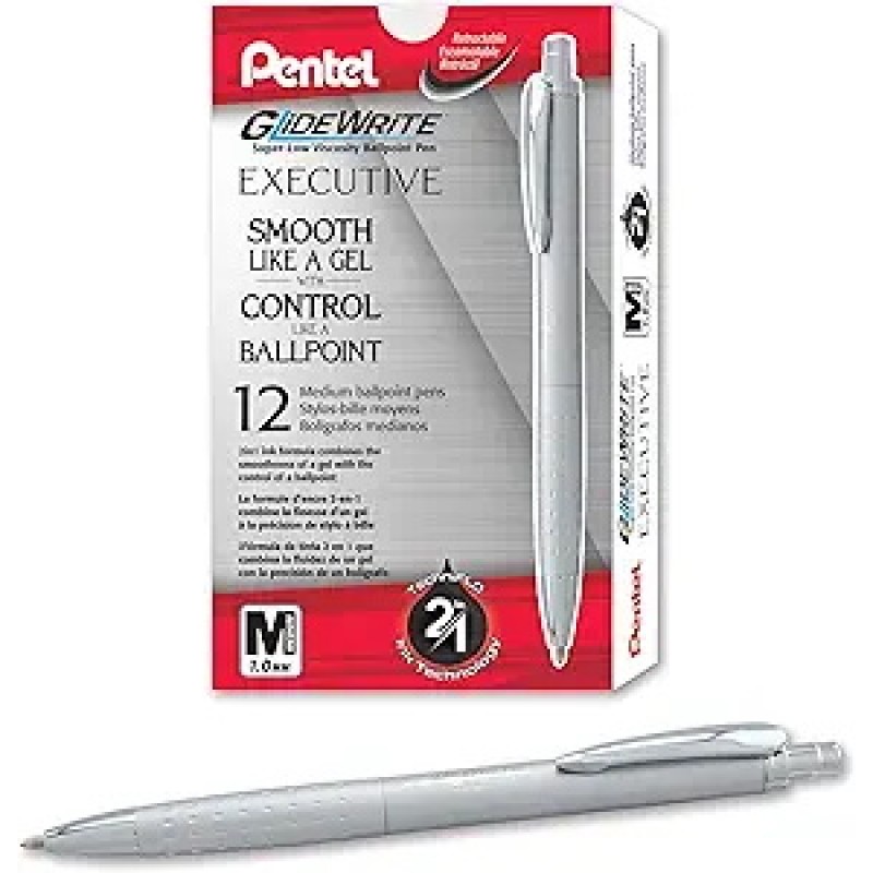 GlideWrite Executive Ballpoint Pen, (1.0mm) Medium line, Silver Metal Barrel, Black Ink