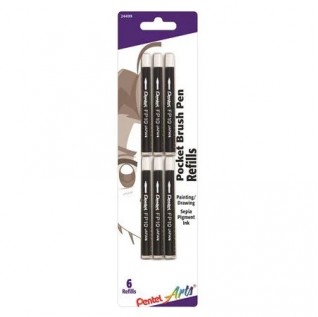 Pentel Arts Pocket Brush Refills, Black Ink 6-Pk