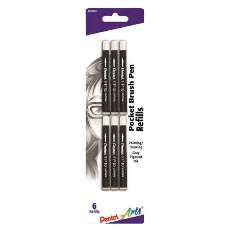 Refills for Pentel Arts Pocket Brush, Gray Pigment Ink, 6-pk
