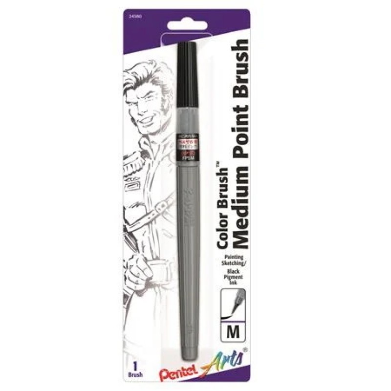 Pentel Arts Color Brush with Pigment Ink, Medium Tip, Black Ink 1-Pk