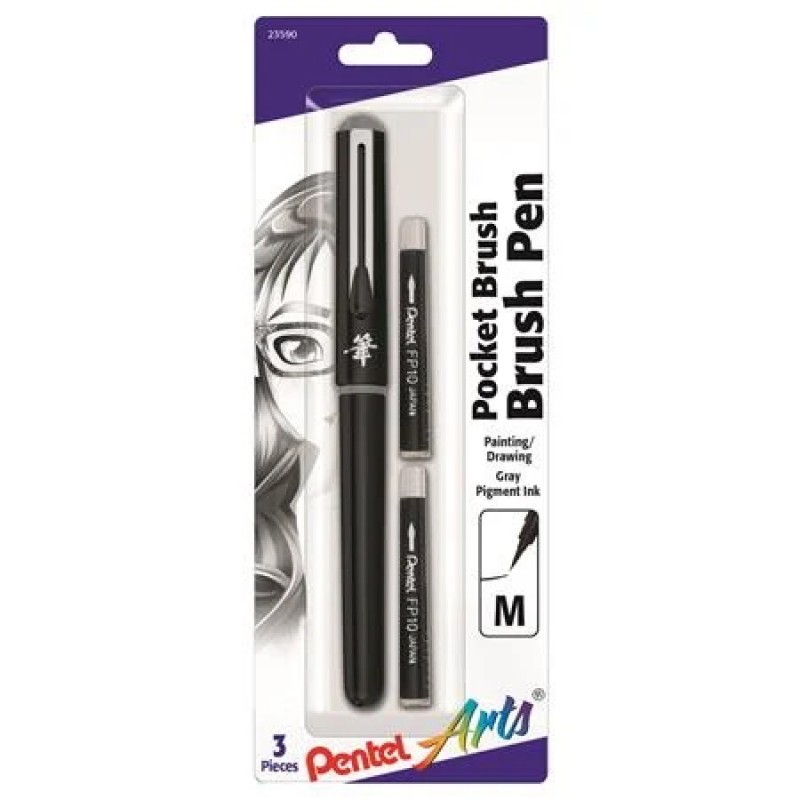 Pentel Arts Pocket Brush Pigment Ink Pen w/ Refills - (1) Pocket Brush Pen, (2) Pigment Ink Refills - Gray