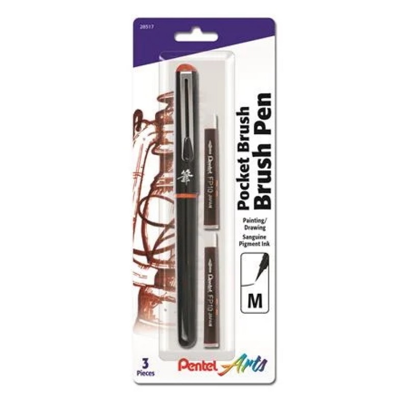Pentel Arts Pockt Brush Pen, 1 Brush Pen + 2 Refill Cartridges, Sanguine Pigment Ink
