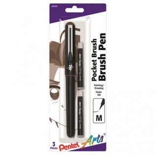 Pentel Arts Pocket Brush Pigment Ink Pen w/ Refills - (1) Pocket Brush Pen, (2) Pigment Ink Refills - Sepia