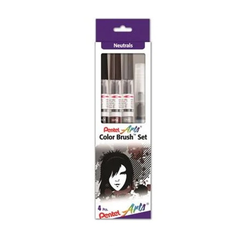 Pentel Arts Color Brush Set,  Black,Gray,Sepia, Aquash Water Brush Box Set