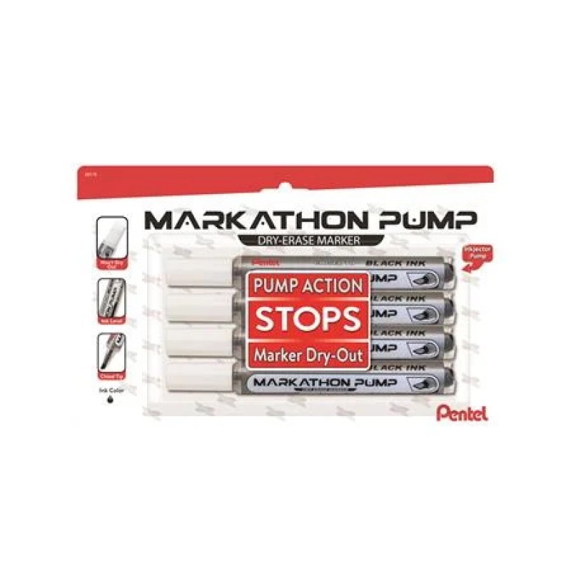 Markathon Pump Dry Erase Marker, Chisel Tip, Black Ink, 4-pk
