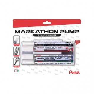 Markathon Pump Dry Erase Marker, Chisel Tip, Assorted Colors (A,B,C,D), 4-pk with Eraser