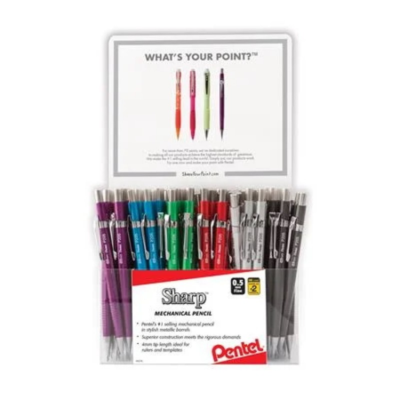 Sharp Mechanical Pencil, (0.5mm) Metallic Barrels, Assorted Barrel Colors (B/C/D/N/V/Z), Display - 108 Pieces
