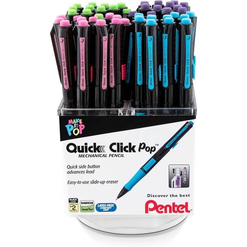 Quick Click POP Mechanical Pencil, (0.7mm) Med. Line, Assorted Barrels, Spinner Display - 42 Pieces