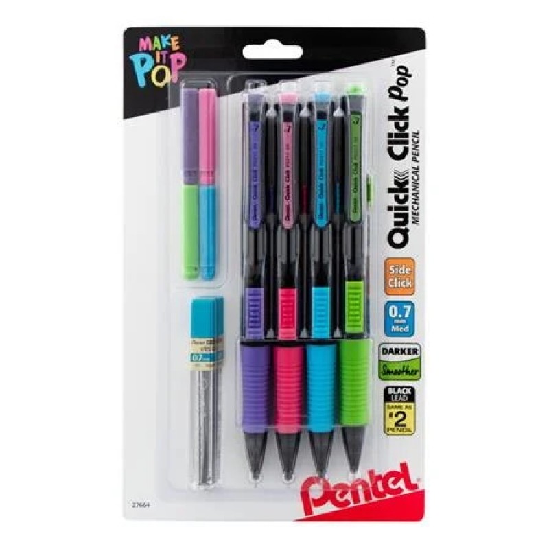 QUICK CLICK Pop Mechanical Pencil, (0.7mm) Medium 2B Lead, with 2B Lead and (4) Eraser Refills, 4-pk