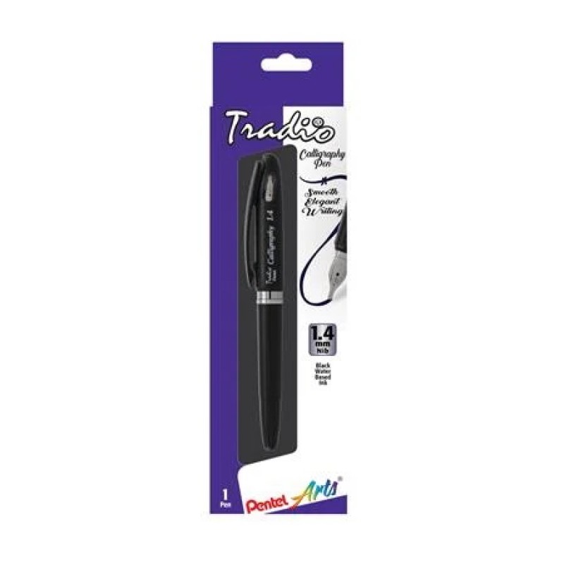 Pentel Arts Tradio Calligraphy Pen, Water-Based Ink, 1.4mm, Black Barrel/Ink, in Hanging Box