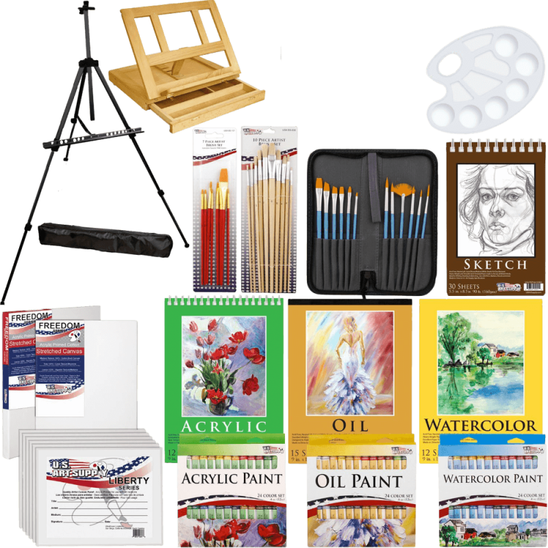 Ddeluxe artist painting set with aluminum floor easel wood drawer table easel